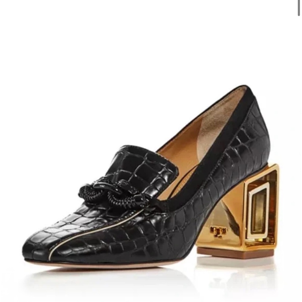 Black Croc-Embossed Loafers with Gold Heel NWT